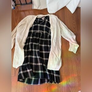 2 PIECES- Plaid Dress with Cream Cardigan